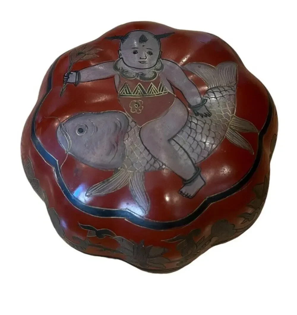 Vintage Asian Lacquer Box Boy Riding a Carp Chinese Trinket Box Scalloped Red